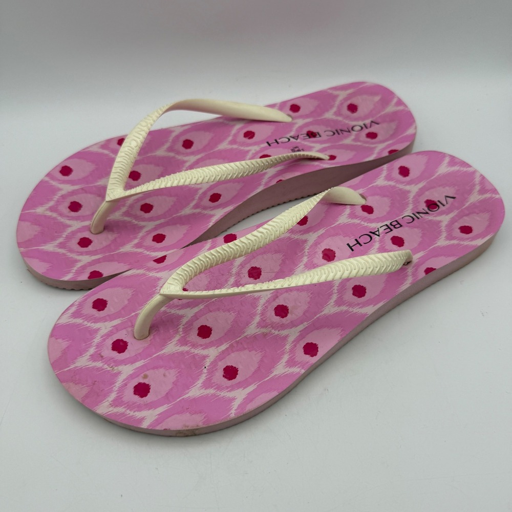 Vionic Beach Flip Flops Womens 9 Pink Ikat Peacock Eye Thong Sandals